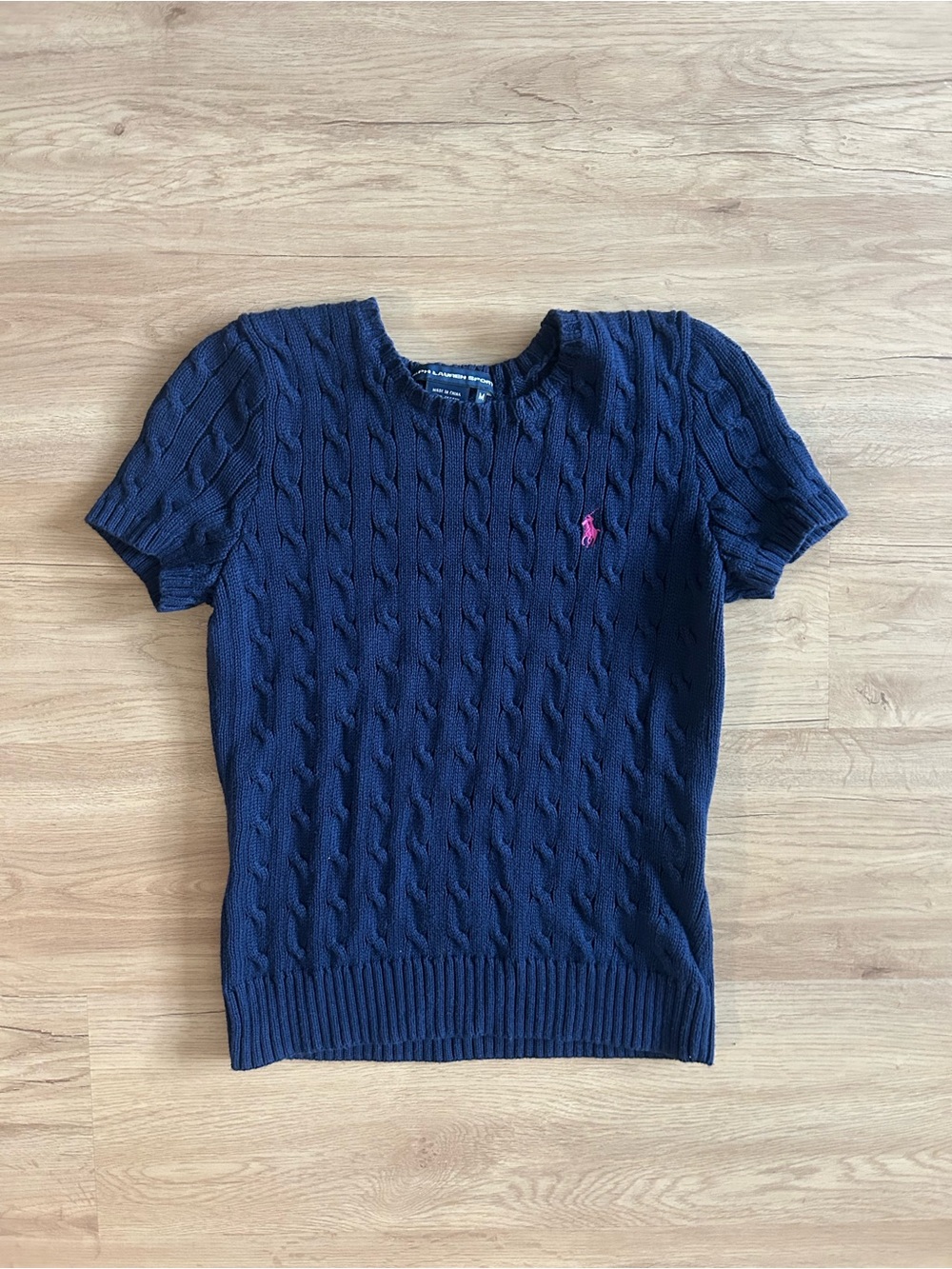 Vintage Ralph Lauren Sport Navy Blue Pink Pony Cable Knit Short Sleeve Sweater